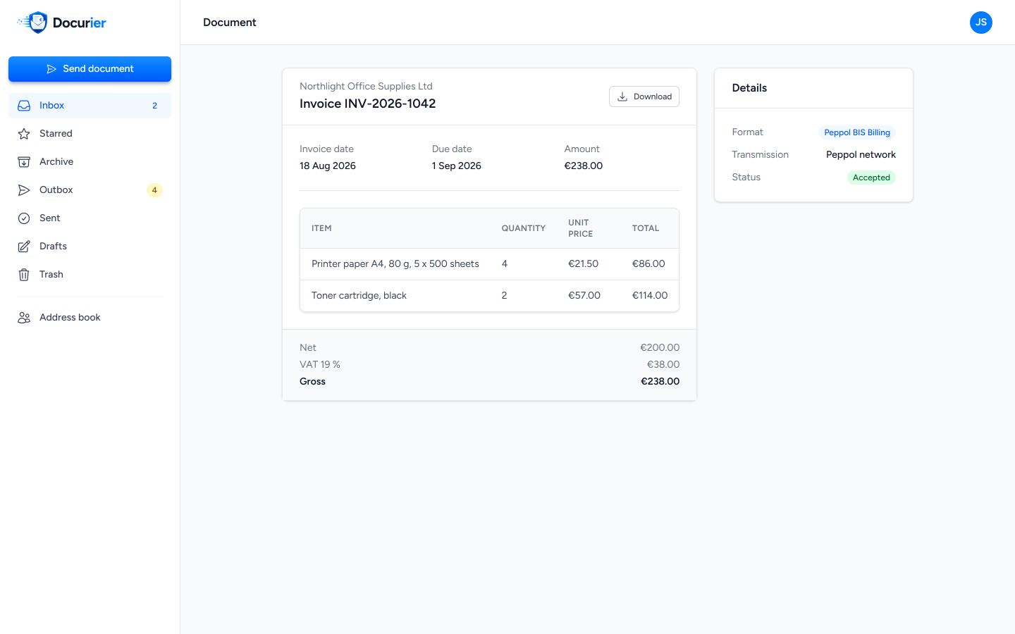 Individual e-invoice displayed in a readable format in Docurier