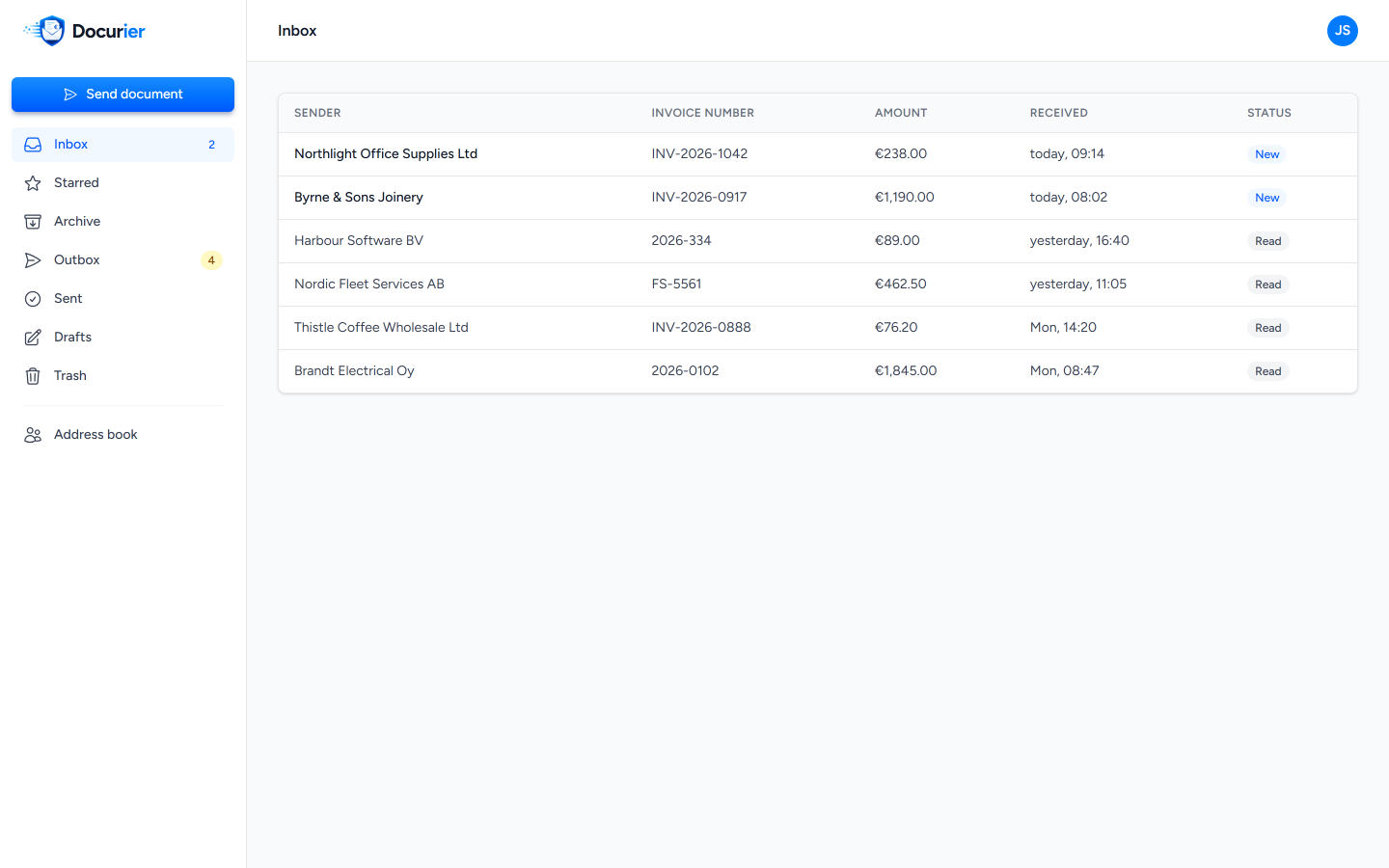 View of the Docurier mailbox with received e-invoices