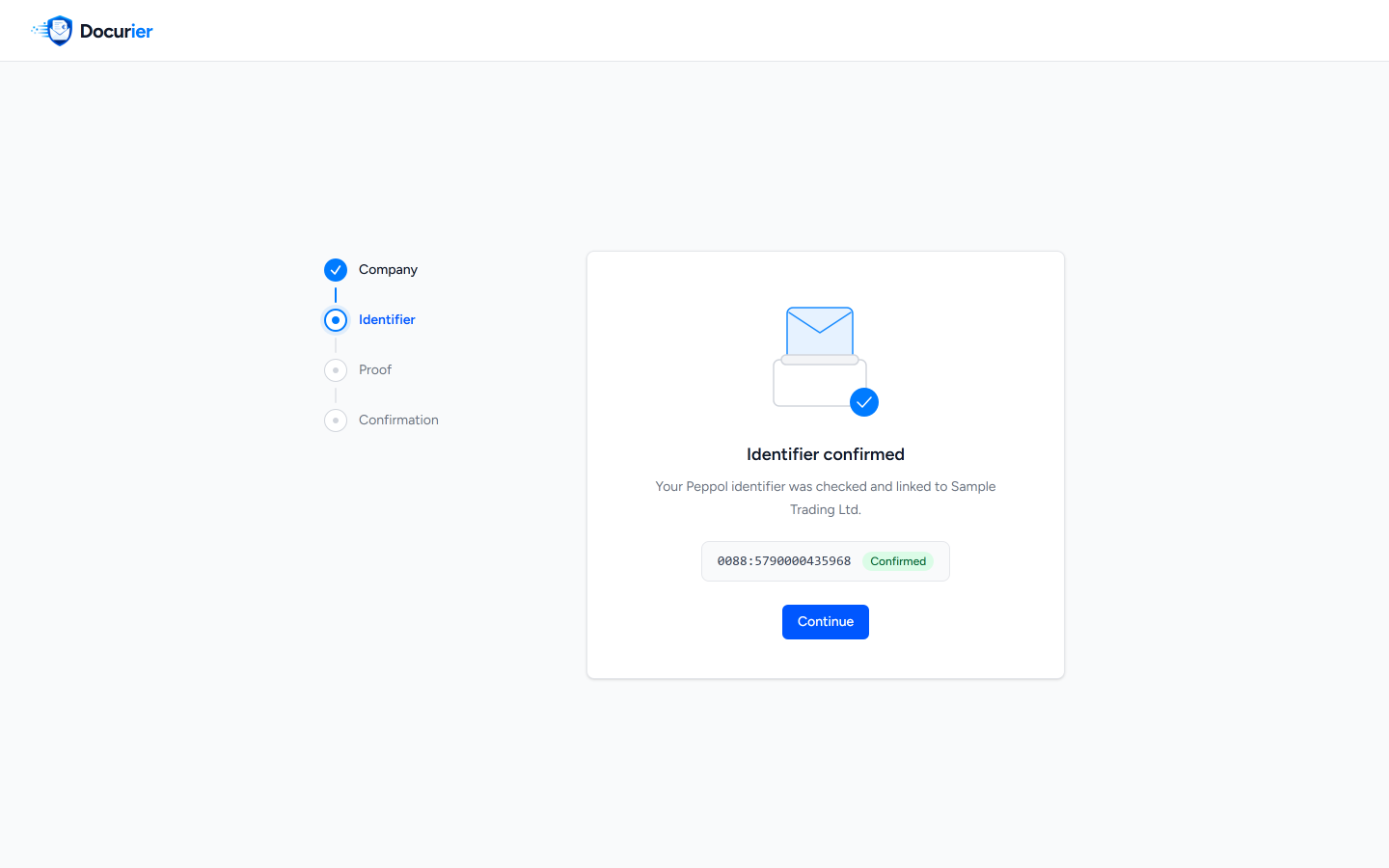 Docurier registration form with automatic identity check